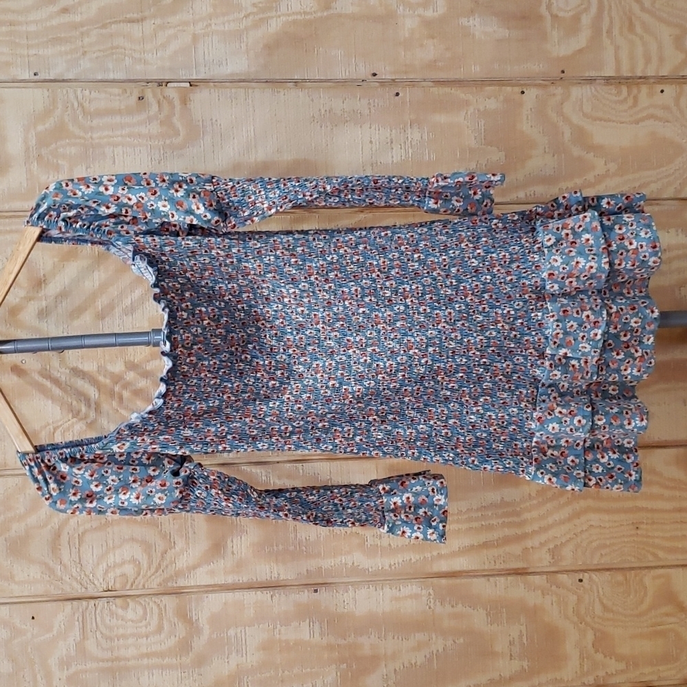 Vibe Blue Floral Smocked Tiered Ruffle Peasant Dress Size M